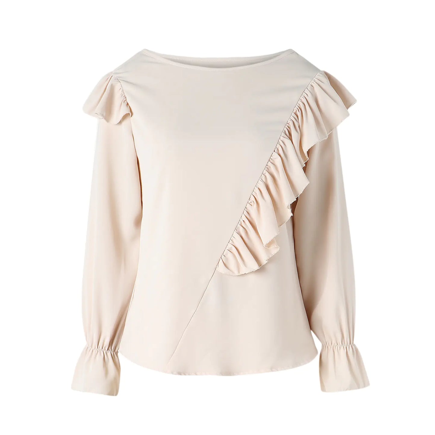 Blusa elegante con cuello redondo y volantes: Ideal para la mujer en el ámbito laboral